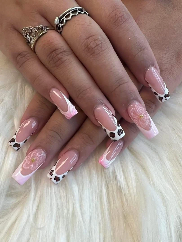 Coffin nails with leopard-print French tips and 3D florals